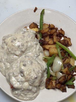 Biscuits and gravy with home fries