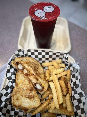 Chick'n parm grilled cheese, fries, and VGC's Famous Farmers Market Lemonade (blueberry)