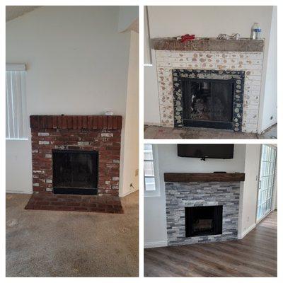 Fireplace with stone and wood mantel