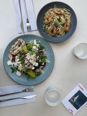 Strawberry + Feta Salad w/ Grilled Chicken, Alglio e Olio + Prawns @lesminaddio