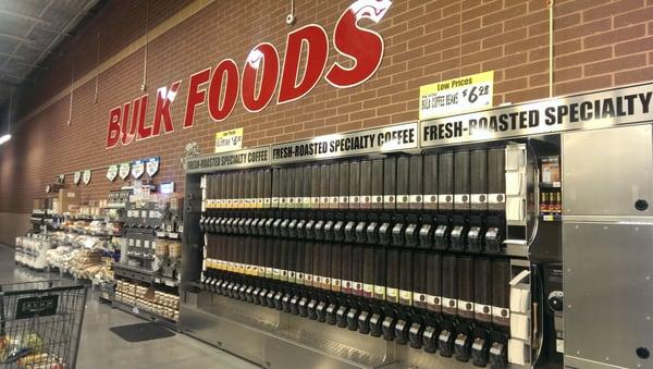 A wide variety of coffee and a larger bulk foods section