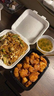 Lo Mein noodles and General Tsos chicken that I cautiously ate slow after finding a thumbtack in my Miso soup.