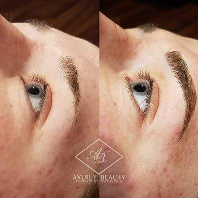 Microbladed brows, before and after, immediately after first session