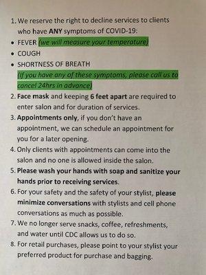 Guidelines for our valued customers as we reopened in September.  Welcome back.  Call us at 925-560-0882 for an appointment.