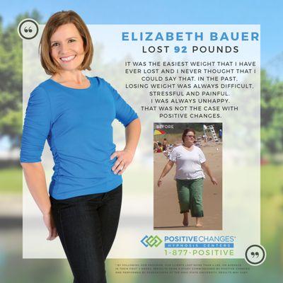 Elizabeth has lost 92 pounds on her weight loss journey with Positive Changes Hypnosis!