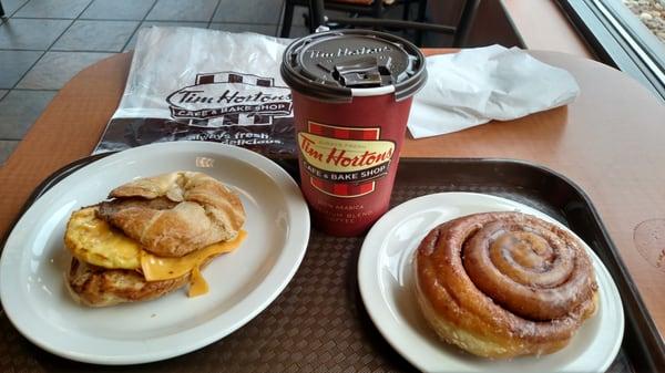 Turbocharging my morning with sausage and cheese croissant, cinnamon roll and medium coffee. Combo #10, baby!