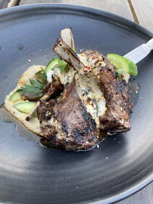 Za'tar lamb chops with smoked egg plant, cucumber and preserved lemon labneh $46