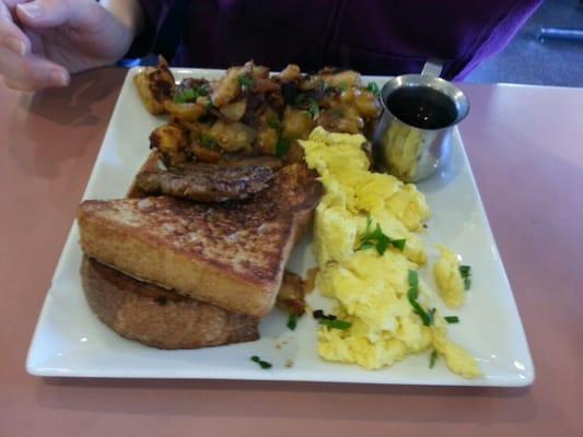 Half and half breakfast with bacon hash.