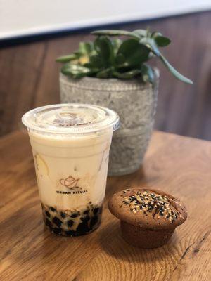 Creme Brulee drink (left) and mochi muffin from Third Culture Bakery