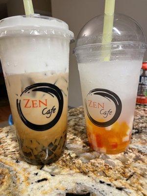 Vietnamese coffee (with sea salt foam and coffee jelly) and lychee smoothie (with fruit jelly)