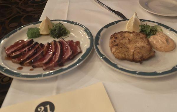 Crab cakes, Seared Tuna