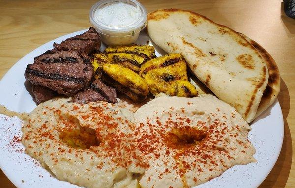 Chicken n Steak Combo with Babaghanoush and Hummus.