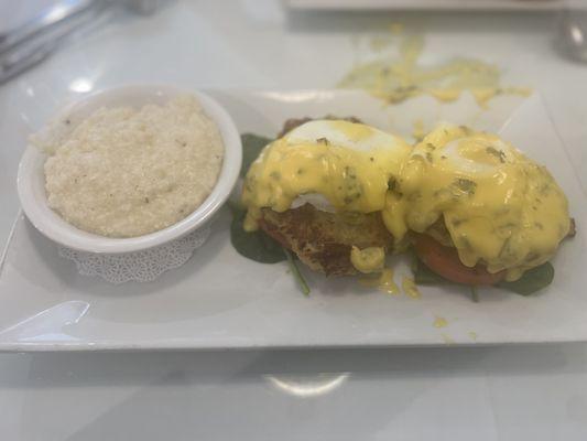 ( dropped my phone on it lol) but that's crab cakes poached eggs and Hollandaise over it ! Was delicious !!