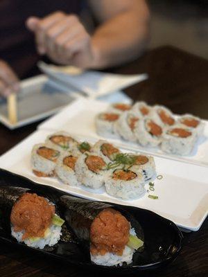 Spicy tuna hand roll, spicy yellow tail cut roll & spicy tuna cut roll