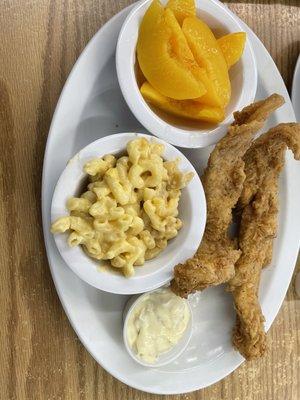 Fries fish/mac and cheese/ peaches