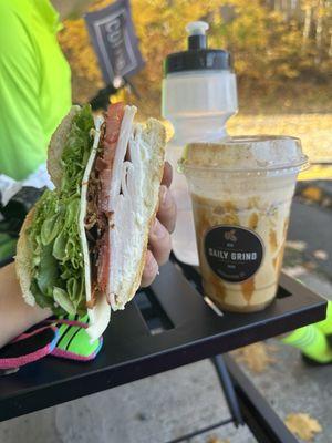 Turkey avocado blt and caramel apple iced latte with pumpkin cold foam