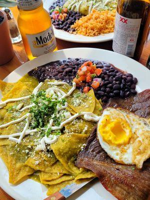 Enchiladas Verdes with cecina, over easy egg and beans