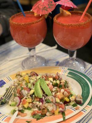 Ceviche tropical and strawberry margaritas!