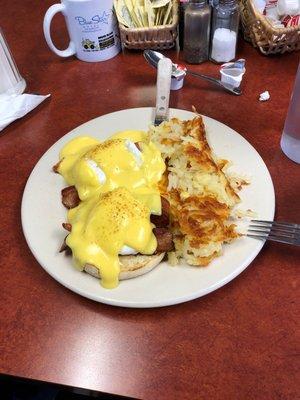 Eggs Benedict, sub bacon with hash browns