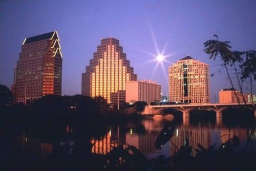 Lady Bird Lake and downtown Austin, TX in the evening