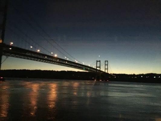 Beautiful just after sunset view of the Narrows Bridge coming into Tacoma... Almost home, last stop, the Tukwila Station.