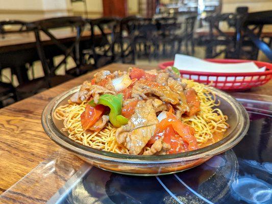 tomato beef crispy noodles $13