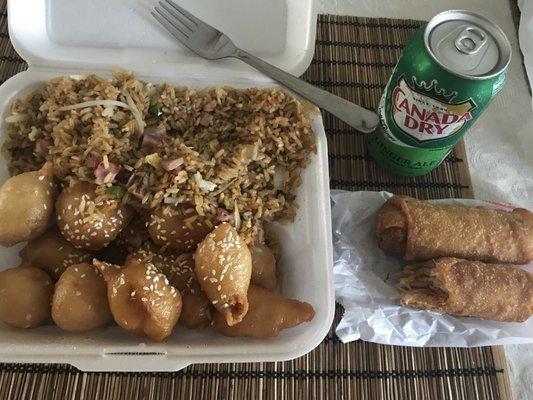 Honey chicken combo with a drink and 2 egg rolls pictured here as 1/2 because I couldn't contain myself