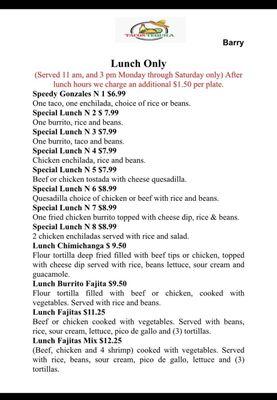 Lunch daily specials menu