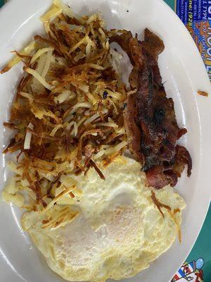 Eggs, bacon, extra crispy hash browns.