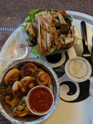 Take out garlic knots and grilled chicken adobo Caesar salad