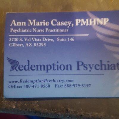 Redemption Psychiatry (Ann Marie Casey, nurse practitioner) with contact information for Gilbert office