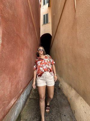 Silk button up blouse and khaki shorts (styled by Lanie)