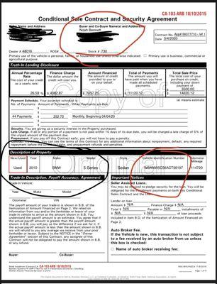 sales document indicating proof of ownership as well as vin to verify that i did own the vehicle in question.