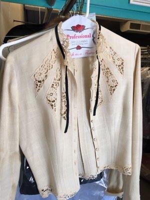 This garment was found at a garage sale brought to us by a customer to bring back to life. Turned out beautiful.