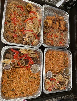 Potato Greens,  Jollof Rice,  Country Dry Rice, Lamb, Fried Chicken, Fried Snapper