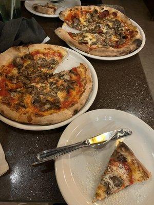 Two fungi pizzas, my husbands with added pepperoni. He was a lightweight and had 4 pieces left. I only had 2 left!!