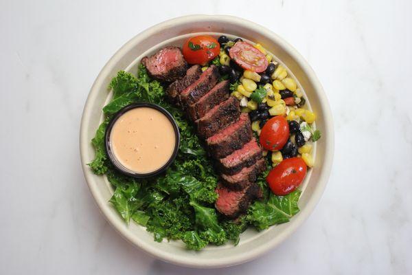 Kids Bowl: Steak, Lemon Agave Dressed Shredded Kale, Black Bean Corn Salad, and Buffalo Ranch.