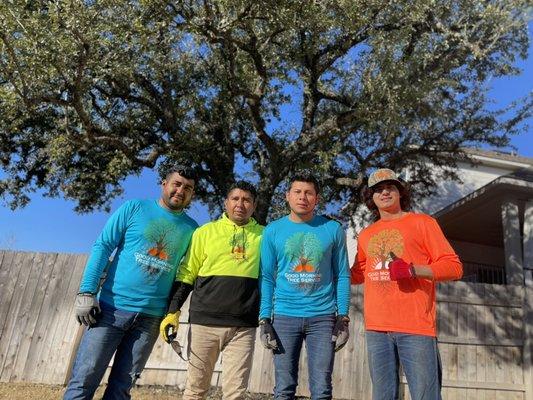 Crew beginning job site in Leander, trimming off roof and cleaning up excessive sprouts. Crew Leader Roy!