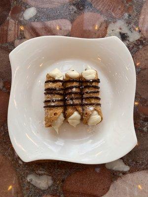 Cannolis with Chocolate Syrup & Powdered Sugar