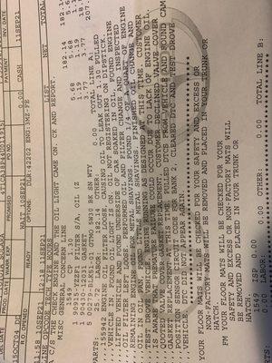 The dealership receipt and report of my filter not being tightened down and causing me to lose all the oil and almost blew my engine