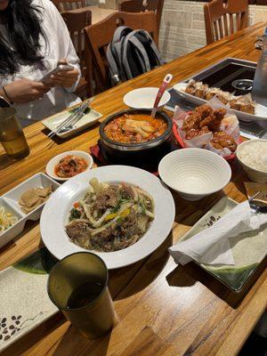 Japchae, budae jigae, yangnyeon chicken, takoyaki