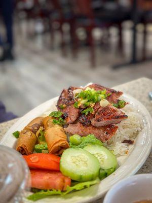 Grilled pork with egg roll and rice