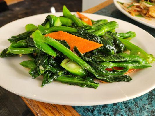 Gai Lan. Soups were lost in the shuffle, Hot and Sour, Mini Wonton dumpling Soup.