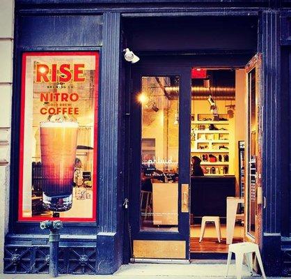 Windows of RISE Coffee - Nitro Cold Brew Coffee in New York City - Located inside The Phluid Project store