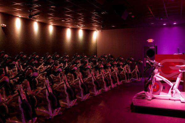 CycleTheatre featuring 47 state of the art Schwinn indoor cycling bikes.