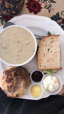 Lunch trio with a cashew chicken salad sandwich, wild rice chicken soup, and a homemade cinnamon swirl scone! Yum!