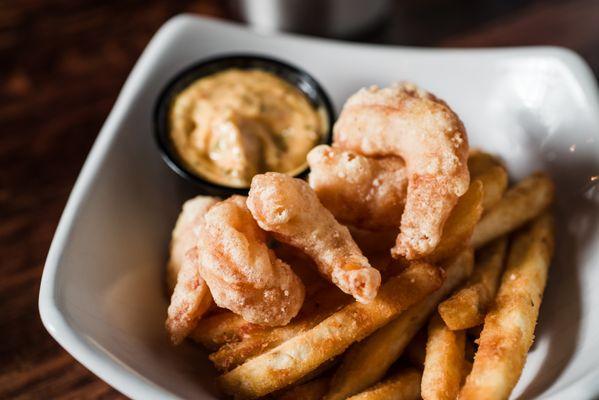 Wild Hour Special - Shrimp & Fries. 6 shrimp lightly breaded and fried served with crispy fries and Wildwood fish dip.