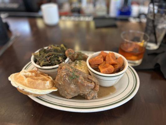 Fried chicken, greens, yams, rice w/gravy, waffle biscuit