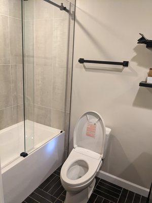 New toilet looks great, hardware on wall looks good