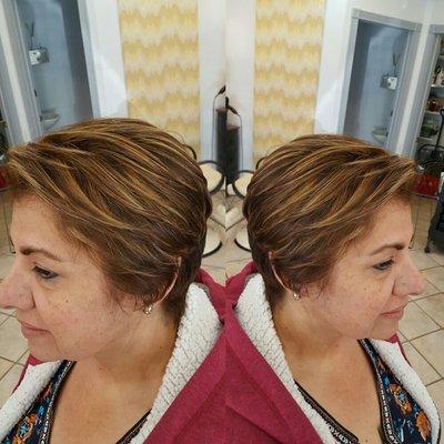 Short haircut enhance with this delicious caramel highlights.